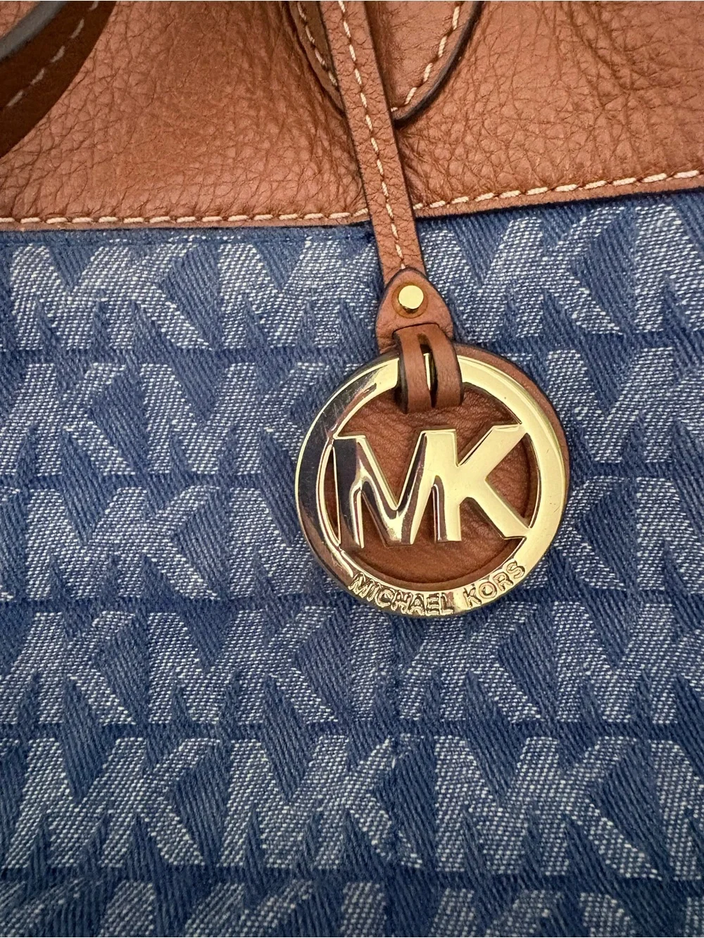MICHAEL KORS Vintage MK Logo Denim Tote with Brown Leather Trim & Gold Charm